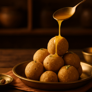 Close-up focus of ghee being drizzled over ladoos, with golden lighting